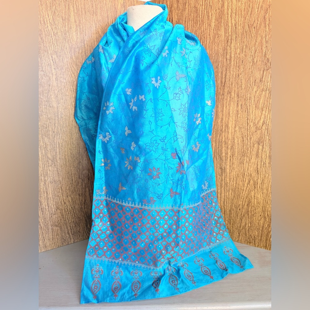NOVICA India Traditional Cotton Silk Scarf Dupatta Style Gold Teal Paisley 21x77